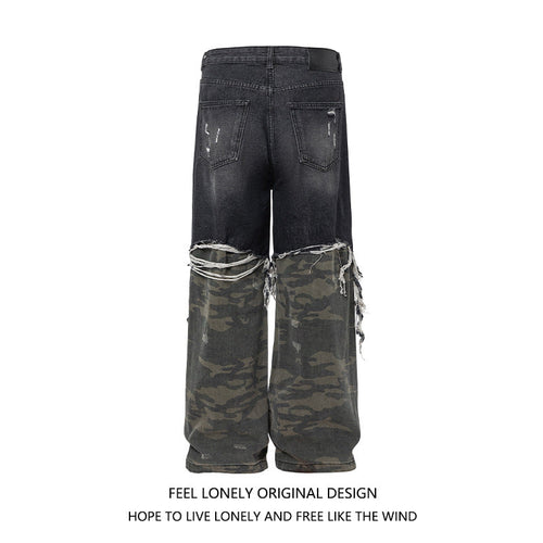 Men's American High Street Stitched Camouflage Wide Leg Jeans