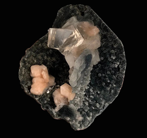 Top-Notch Gemmy Champagne Calcite with Stilbite on Black Chalcedony | Indian Zeolite Specimen – Jalgaon DK86