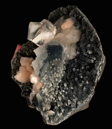 Top-Notch Gemmy Champagne Calcite with Stilbite on Black Chalcedony | Indian Zeolite Specimen – Jalgaon DK86