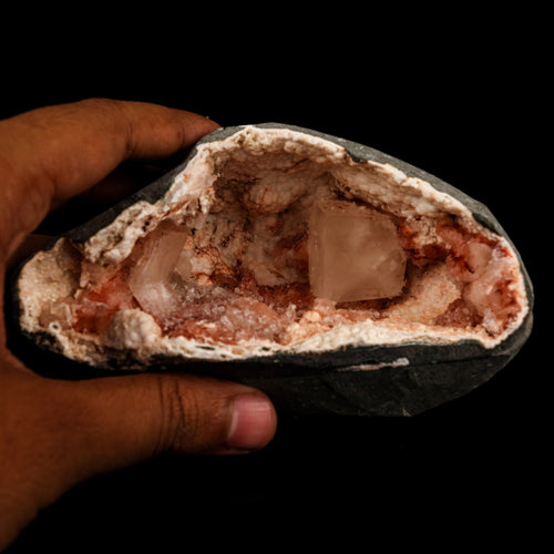 Calcite Cube with stilbite inside Chalcedony Geode Natural Mineral Specimen # B 5894