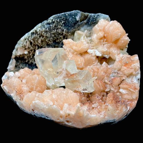 Awesomely Terminated Gemmy Calcite with Bright Orange Stilbite on Black Chalcedony – Rare Indian Zeolite Specimen | Jalgaon, India DK111