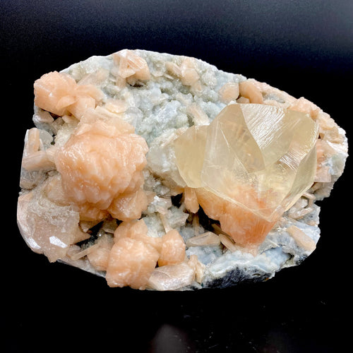Rare Gemmy Calcite on Bright Orange Stilbite – Indian Zeolite Mineral Specimen from Jalgaon DK114