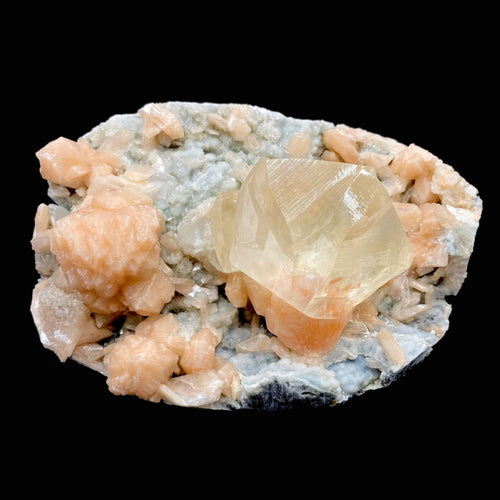 Rare Gemmy Calcite on Bright Orange Stilbite – Indian Zeolite Mineral Specimen from Jalgaon DK114