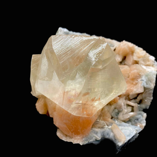 Rare Gemmy Calcite on Bright Orange Stilbite – Indian Zeolite Mineral Specimen from Jalgaon DK114