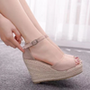 Women Sandals Straw Wedged Fish Mouth Waterproof Table One Word Buckle