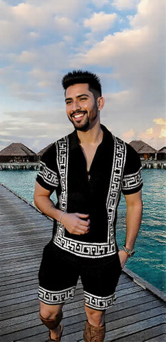 Men's Summer Fashion 3D Printed Short Sleeve Geometric Zip Lapel Shirt Set