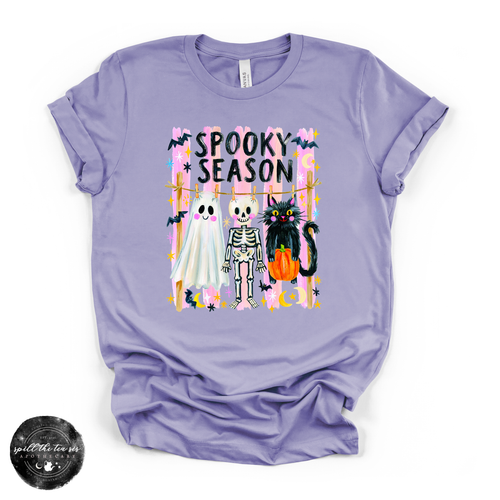 Spooky Season Clothesline Tee | Cute Halloween Ghost, Skeleton & Black Cat Graphic T-Shirt