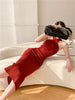 Women's Slim Fit Slim Pack Hip Cross Halter Over Knee Knit Dress