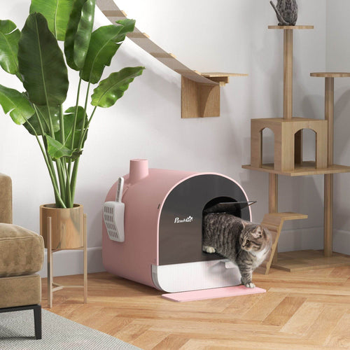 Pink Covered Cat Litter Box with Odor Filter - Complete Privacy Kit with Tray, Scoop & Mat | Compact Hooded Litter House