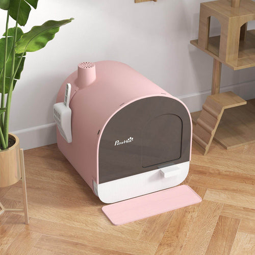 Pink Covered Cat Litter Box with Odor Filter - Complete Privacy Kit with Tray, Scoop & Mat | Compact Hooded Litter House