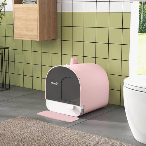 Pink Covered Cat Litter Box with Odor Filter - Complete Privacy Kit with Tray, Scoop & Mat | Compact Hooded Litter House