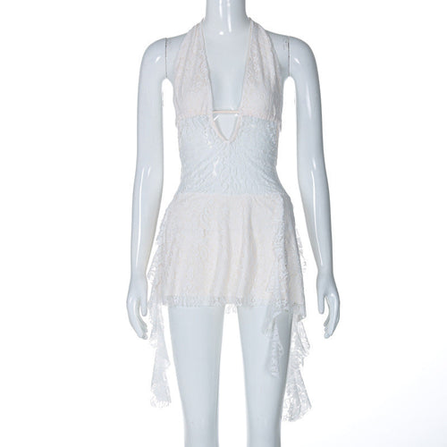 Short Stitching Ribbon Halter Lace Hollow-out Deep V-neck Backless Hot Girl Dress