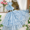Luxury Blue Floral Pet Wedding Dress with Detachable Long Train Princess Gown