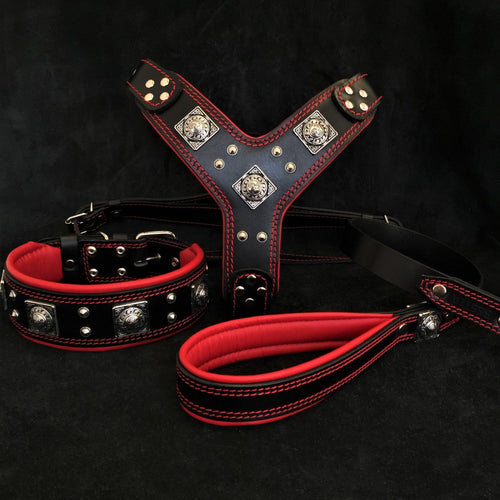 EROS BIG dog SET- Harness - collar - lead. Black & Red