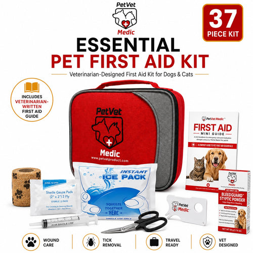 PetVet Medic® Essential Pet First Aid Kit-37 piece Dog & Cat Emergency Kit with Veterinarian-Curated Supplies & First Aid Guide