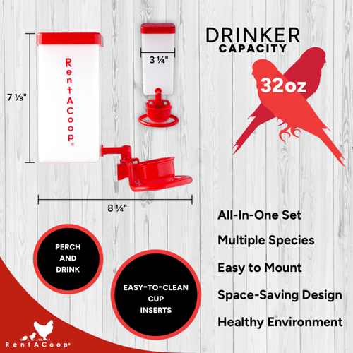 RentACoop 32 Ounce (1L) Autofill Cup Drinker with Attached Perch