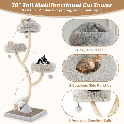 70 Tall Metal Cat Tree Tower with 3 Plush Perches & Sisal Scratching Posts