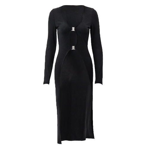 Sexy Black V-neck Low-cut Metal Buckle long summer Cardigan
