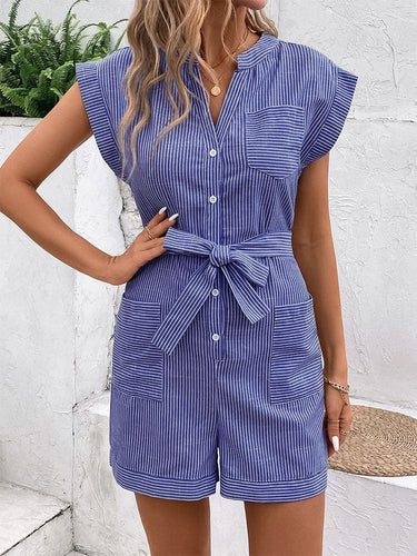 Hot Summer Leisure Commute Jumpsuit Pinstripe Short Sleeve One-piece Shorts