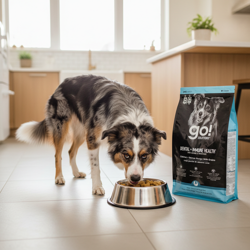 Dog eating Petcurean GO! Solutions Dental + Immune Health kibble from a bowl