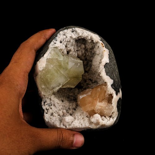 Green Apophyllite Cube with Stilbite geode Self Standing Natural Mineral Specimen # B 6263