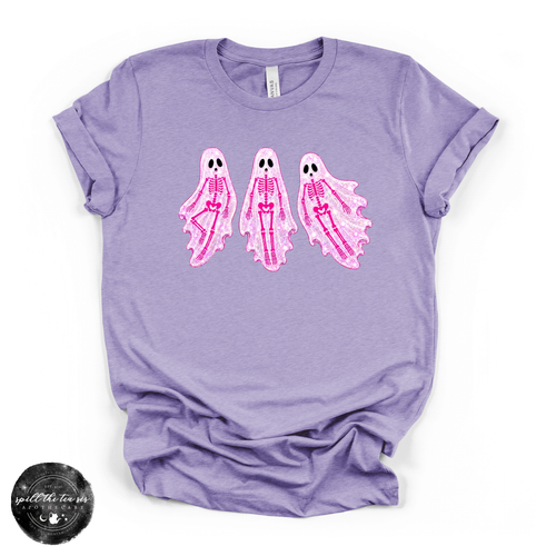 Pink Skeleton Ghosts Tee | Cute Coquette Halloween Graphic T-Shirt