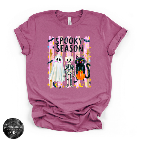 Spooky Season Clothesline Tee | Cute Halloween Ghost, Skeleton & Black Cat Graphic T-Shirt