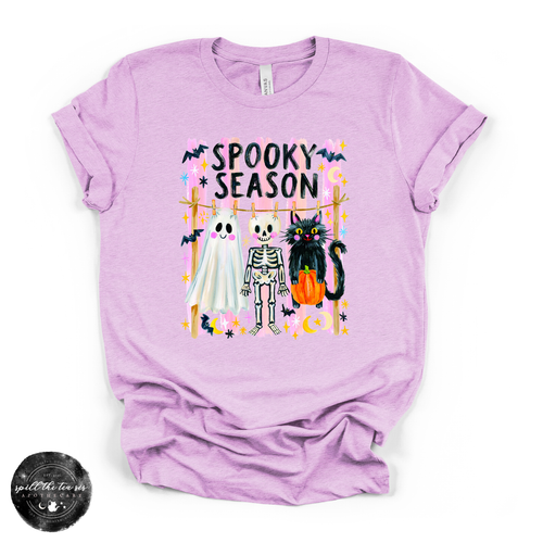 Spooky Season Clothesline Tee | Cute Halloween Ghost, Skeleton & Black Cat Graphic T-Shirt