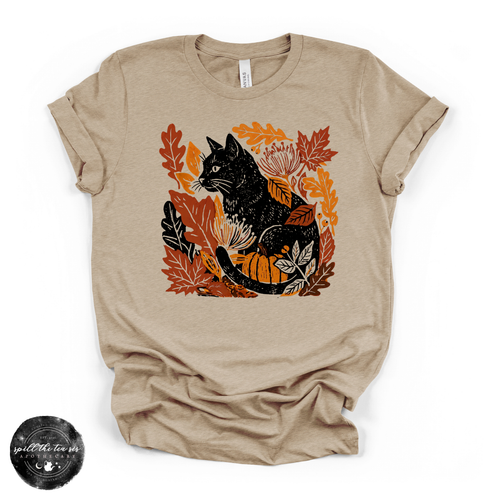Fall Leaves Black Cat Tee | Autumn Cat Lover Graphic T-Shirt