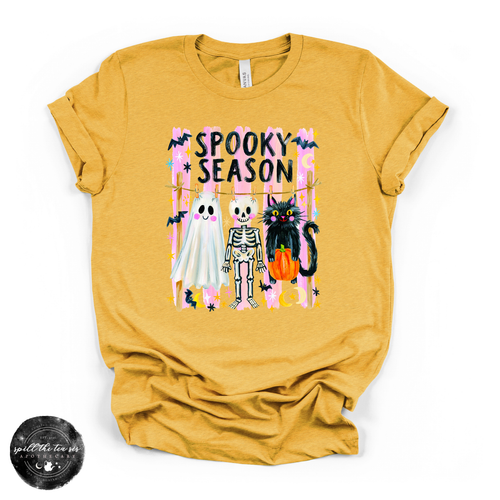 Spooky Season Clothesline Tee | Cute Halloween Ghost, Skeleton & Black Cat Graphic T-Shirt