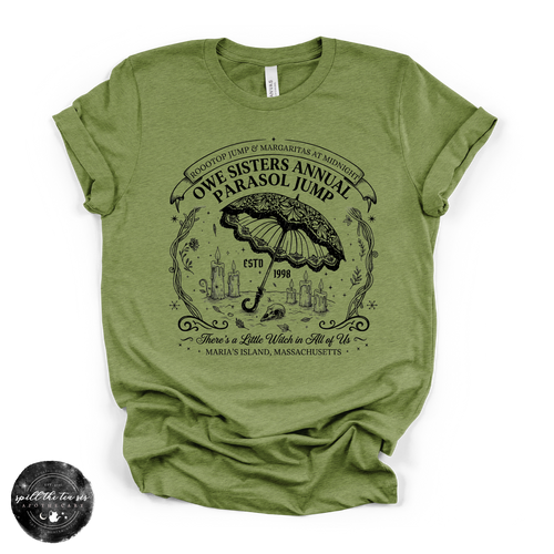 Owe Sisters Annual Parasol Jump Tee | Vintage Witch Halloween Graphic T-Shirt {BLACK DESIGN}