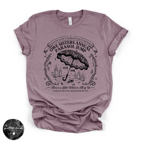 Owe Sisters Annual Parasol Jump Tee | Vintage Witch Halloween Graphic T-Shirt {BLACK DESIGN}