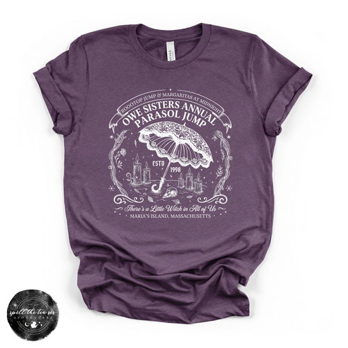 Owe Sisters Annual Parasol Jump Tee | Vintage Witch Halloween Graphic T-Shirt {WHITE DESIGN}