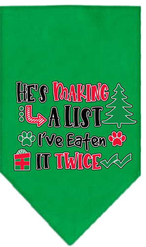 Christmas Pet and Dog Bandana Screen Printed, He's Making A List, I've Eaten It Twice