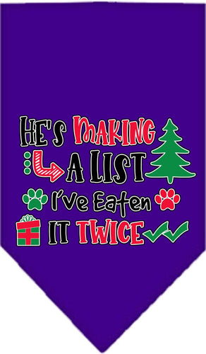 Christmas Pet and Dog Bandana Screen Printed, He's Making A List, I've Eaten It Twice