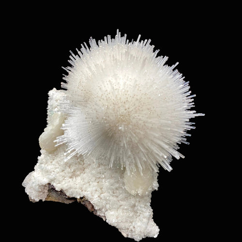 Rare White Mesolite on Mordenite – Porcupine Spray Zeolite Specimen from India # DK193