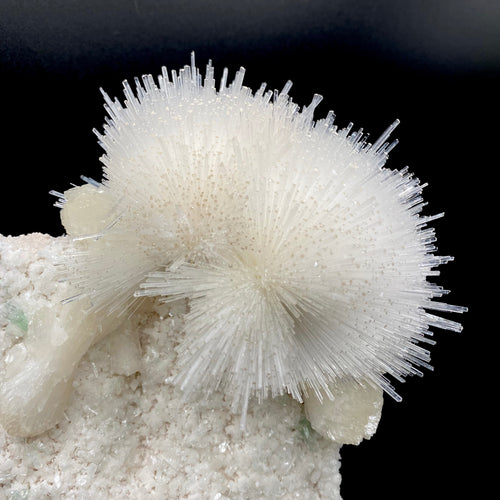 Rare White Mesolite on Mordenite – Porcupine Spray Zeolite Specimen from India # DK193