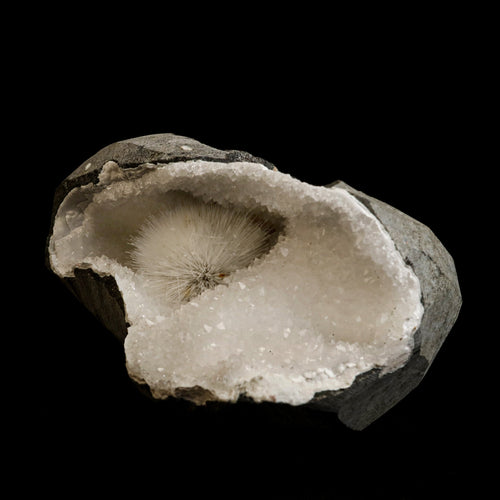 Scolecite Porcupine  Spray inside MM Quartz Geode Natural Mineral Specimen  # B 5055