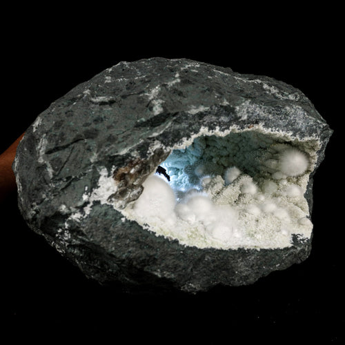Okenite Big Puffballs Inside with Gyrolite inside Geode Natural Mineral Specimen # B 5872