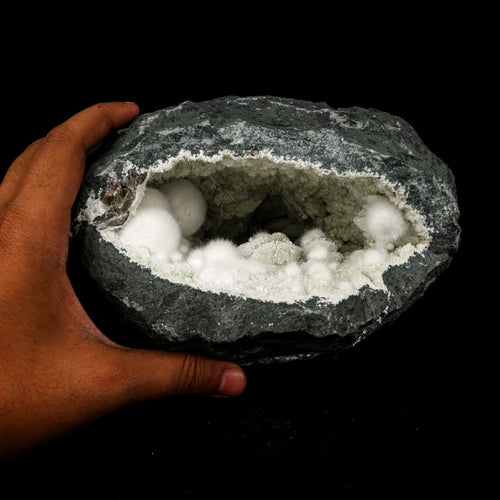 Okenite Big Puffballs Inside with Gyrolite inside Geode Natural Mineral Specimen # B 5872