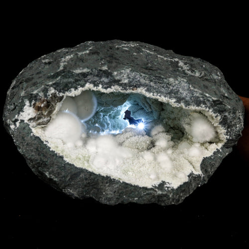 Okenite Big Puffballs Inside with Gyrolite inside Geode Natural Mineral Specimen # B 5872