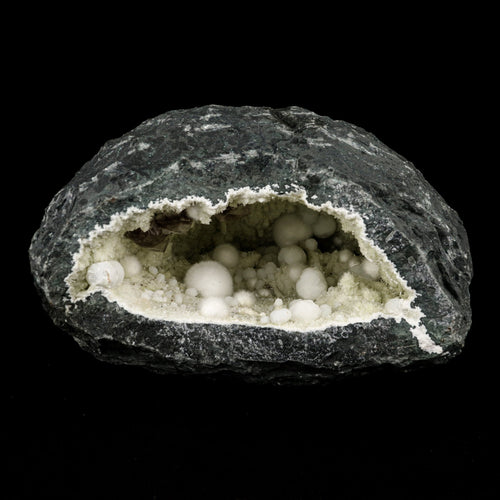 Okenite Big Puffballs with calcite & Gyrolite inside Geode Natural Mineral Specimen # B 5865