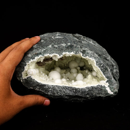 Okenite Big Puffballs with calcite & Gyrolite inside Geode Natural Mineral Specimen # B 5865