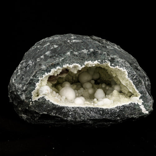 Okenite Big Puffballs with calcite & Gyrolite inside Geode Natural Mineral Specimen # B 5865
