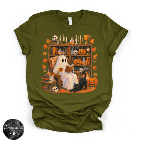 Cozy Ghost Reading Tee | Cute Book Lover Halloween Graphic T-Shirt