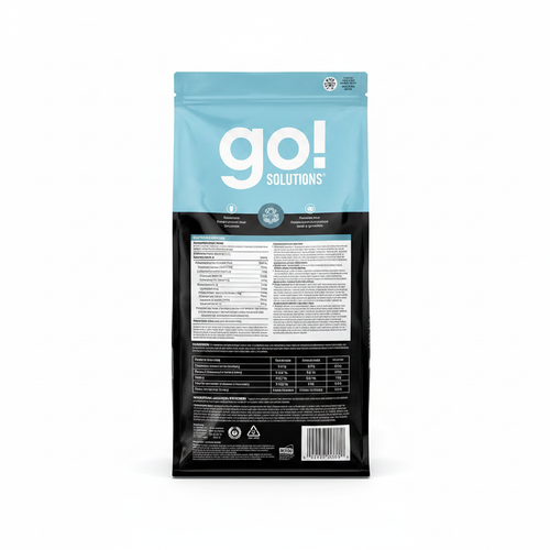 Back of Petcurean GO! Solutions Dental + Immune Health Chicken + Salmon dog food bag showing ingredients and feeding guide