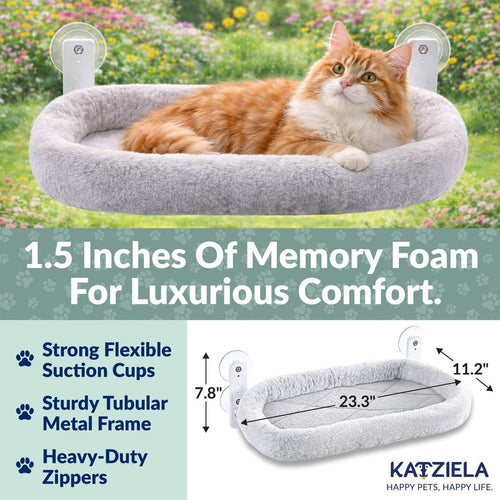 Katziela CloudPerch Cat Window Perch with Memory Foam Bed, Heavy-Duty Steel Frame, 4 Ultra-Strong Suction Cups