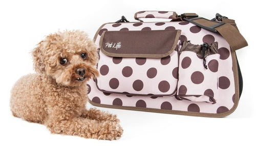 Pet Life ® Casual Polka-Dotted Airline Approved Folding Zippered Collapsible Travel Pet Dog Carrier w/ Pouch