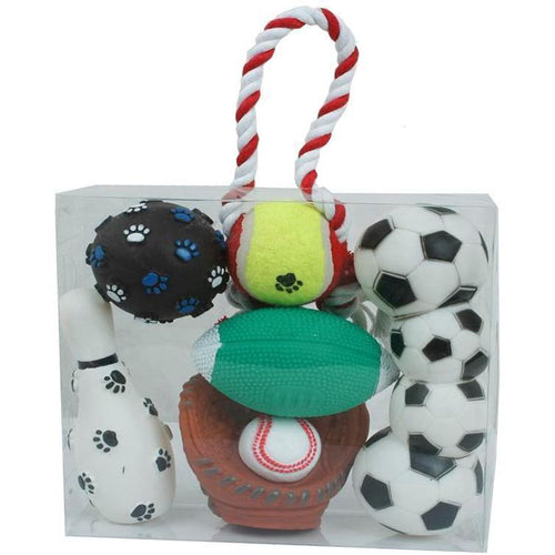 Pet Life ® 'Sport Themed' 7 Piece Jute Rope and Rubberized Squeak Chew Pet Dog Toy Gift Set