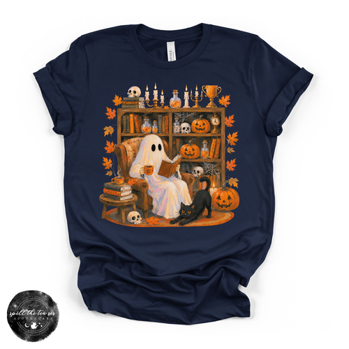 Cozy Ghost Reading Tee | Cute Book Lover Halloween Graphic T-Shirt
